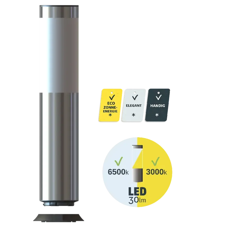 Zonnelamp wordt op basis geklikt, autonome energie, strak en praktisch ontwerp, pictogrammen zichtbaar.