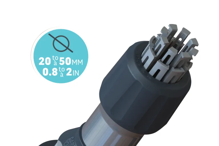 close-up van het multi rings-systeem voor nauwkeurige aanpassing aan palen van 20 tot 50 mm, geïntegreerde diametercompatibiliteit