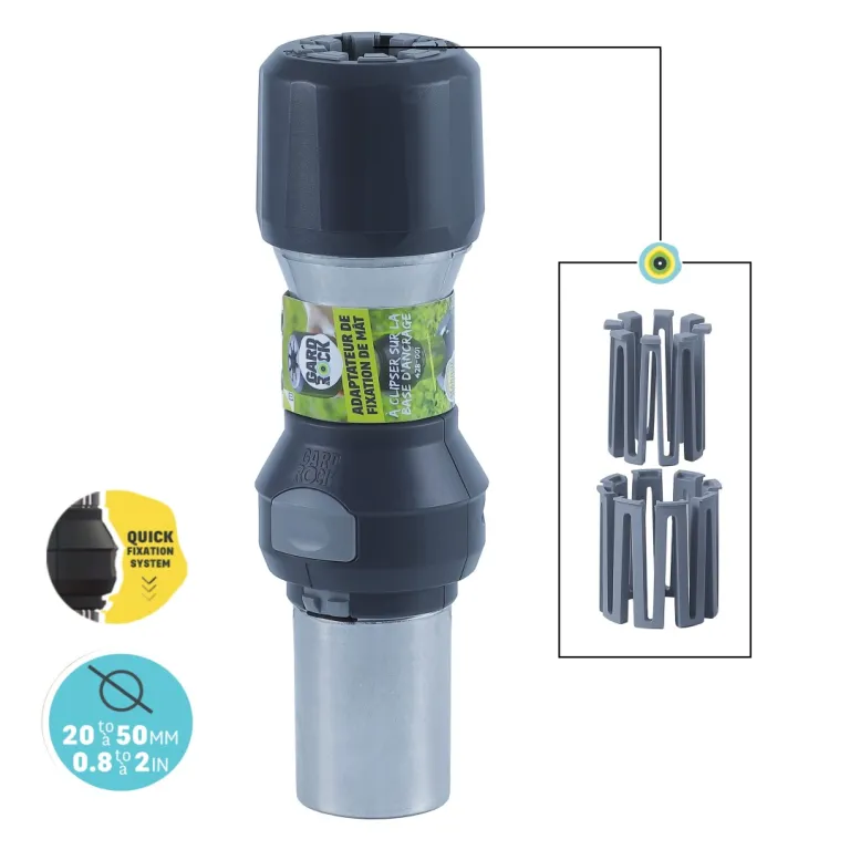 product met zichtbaar etiket, zoom op multi rings en snelbevestigingssysteem, geschikt voor palen van 20 tot 50 mm