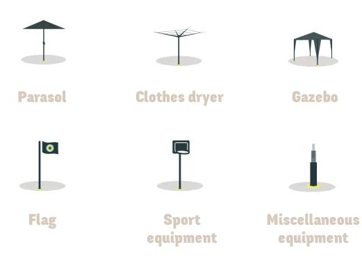 illustratie van accessoires die passen op een rechte parasolvoet: parasol, prieel, droogrek, vlag, basketbalring, vogelhuisje